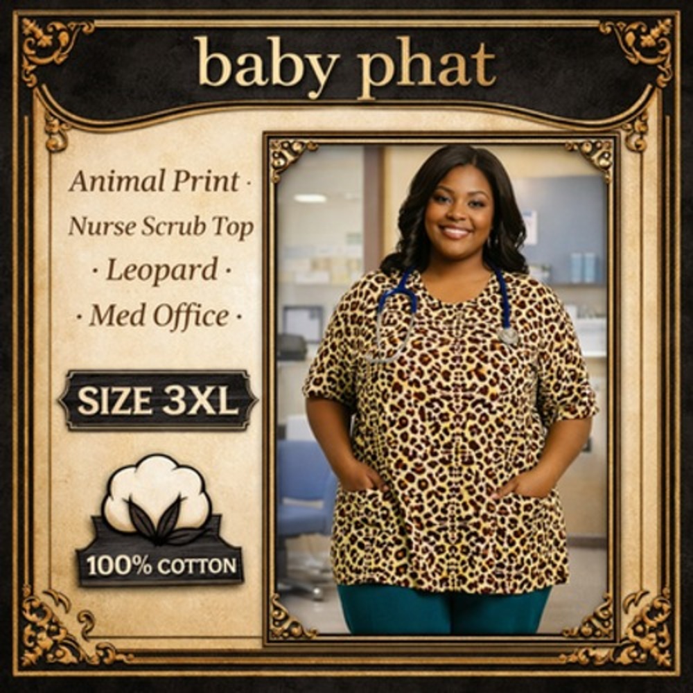 Baby Phat Scrub Top Womens 3XL Brown Leopard Print Short Sleeve Pockets Uniform